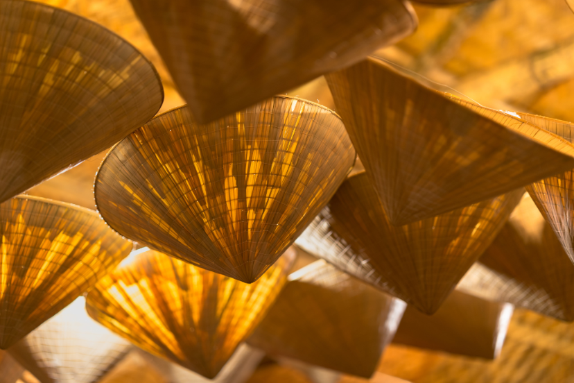 Vietnamese conical hat worn by a farmer in rural Vietnam